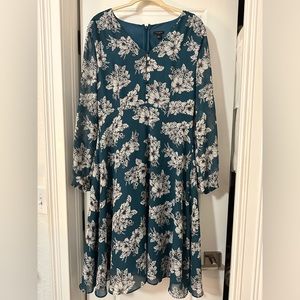 Ann Taylor Long Sleeve Midi Dress Floral Blue